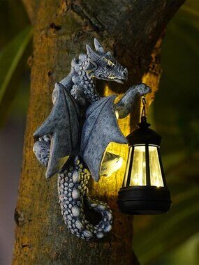 Solar Dragon Tree Hugger Lantern Statue - 9.3 Inch Resin Outdoor Garden Decor